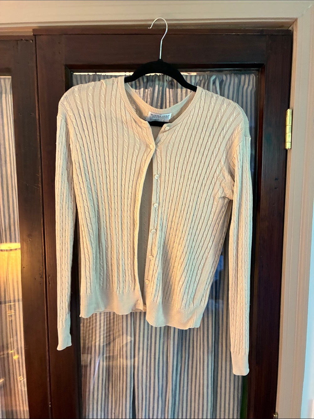 100% Silk Light Cream Cable-Knit Button-Up Cardigan Sweater